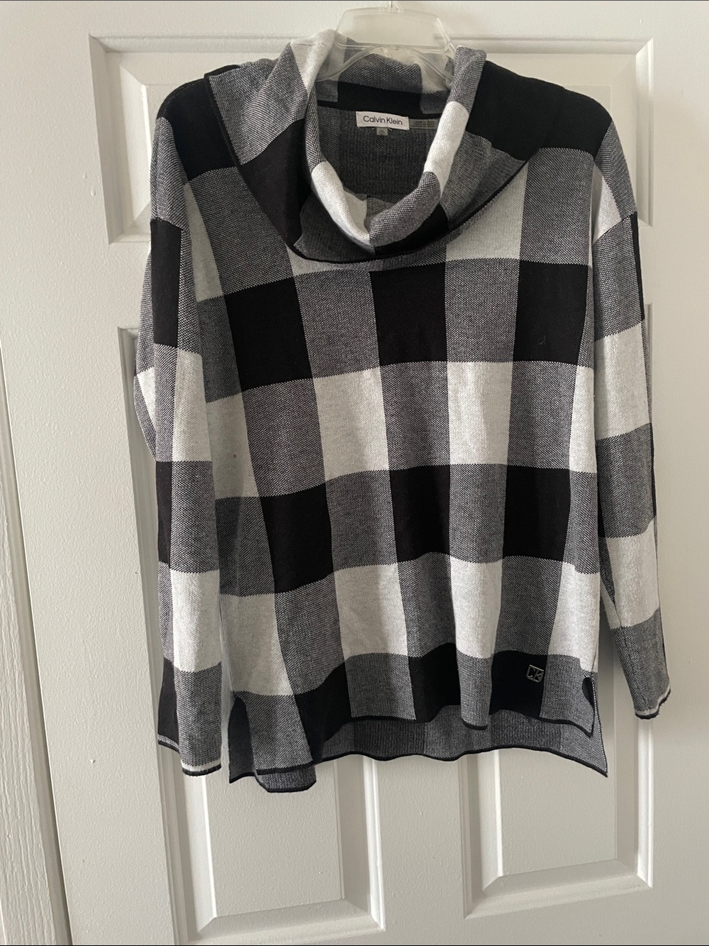 Calvin Klein Gray & Black Buffalo Plaid Cowl Neck Sweater